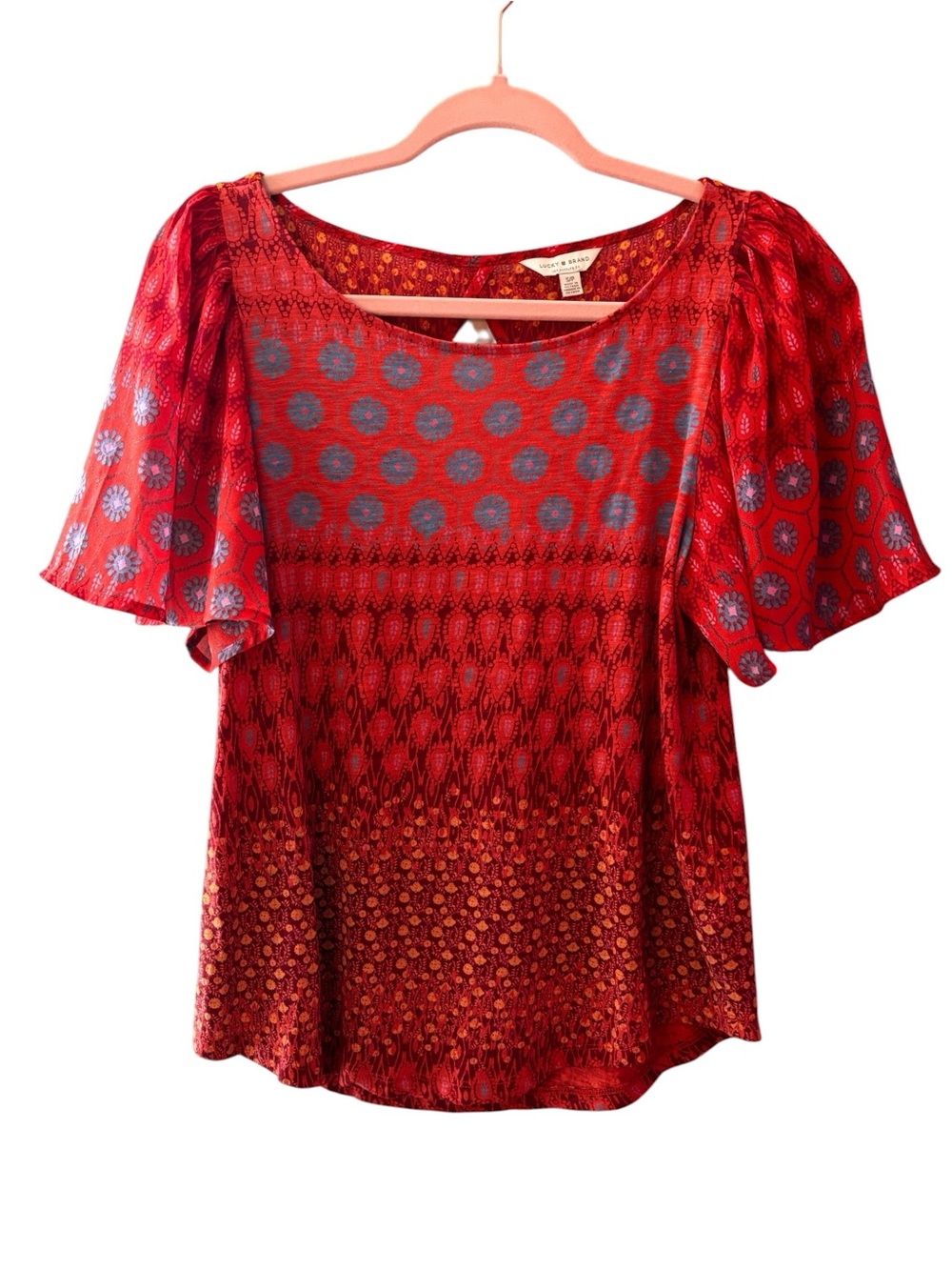 Lucky Brand Red Boho Print Flutter Sleeve Top Size Small